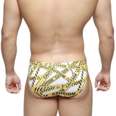 MetroMalewear caution bikini white 5103-m60 swim trunks in yellow and black caution tape pattern front view