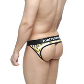 MetroMaleWear caution jock strap in yellow and black patterned thong with white accents and metrodewe branded waistband