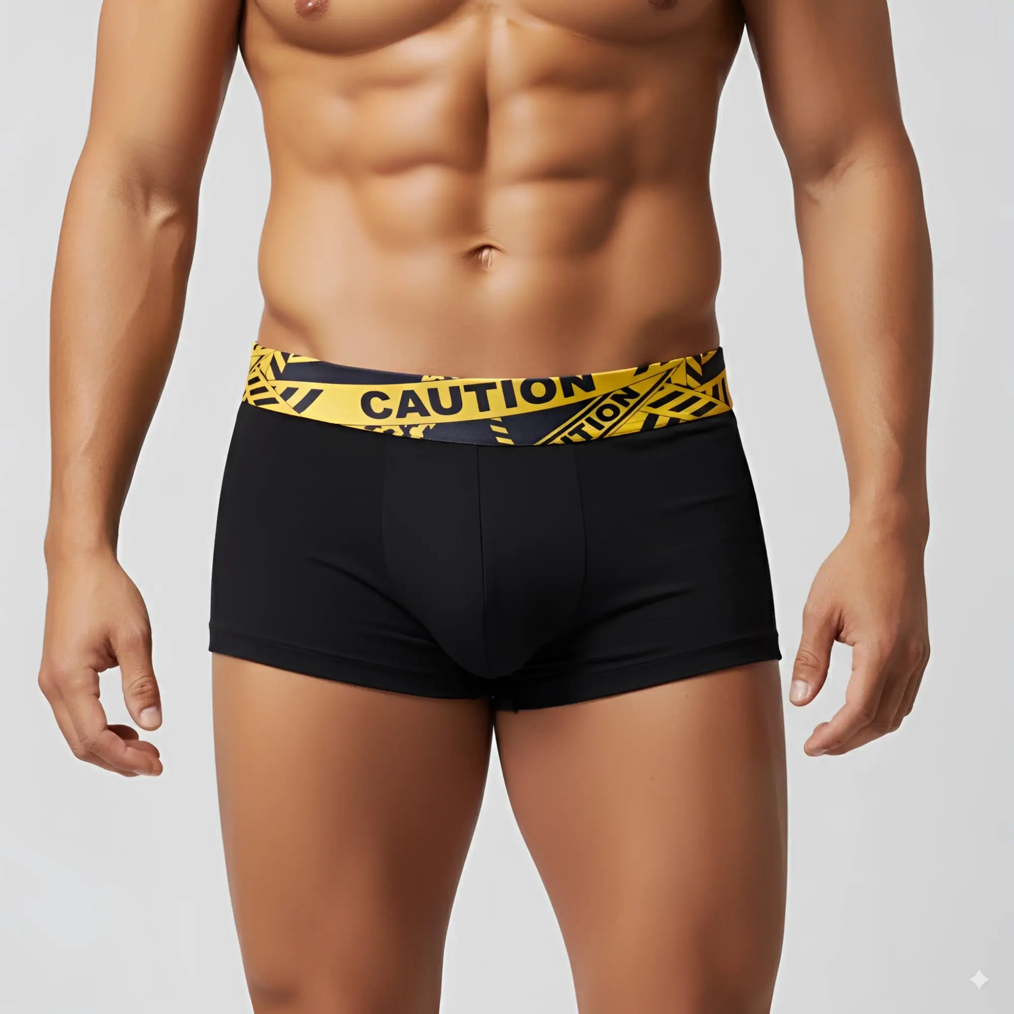 Black MetroMaleWear boxer briefs with bold yellow caution tape patterned waistband for comfortable everyday wear
