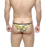 MetroMaleWear caution string bikini white 2005-60 in yellow and white caution tape pattern with black trim shown from the back