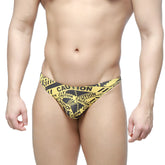 MetroMaleWear caution thong swim trunks in yellow and black caution tape pattern for bold swimwear style