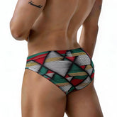 MetroMaleWear Cebada Bikini 5103-M88 vibrant geometric swim trunks in red green yellow and black for men