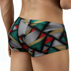 MetroMaleWear Cebada Trunk 2125-50 vibrant geometric patterned swim trunks in green red yellow and black with bold stripes