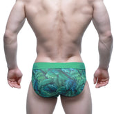 MetroMaleWear Celva Brief 5203-17 green tropical leaf-patterned men’s briefs with solid green waistband