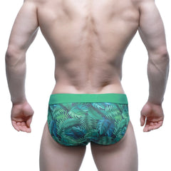 MetroMaleWear Celva Brief 5203-17 green tropical leaf-patterned men’s briefs with solid green waistband