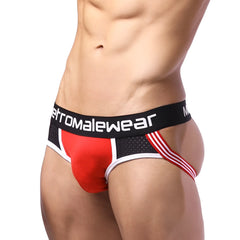 MetroMaleWear Cerezo jock strap red 1311-12 athletic brief with mesh panel red and black with white trim and red stripes