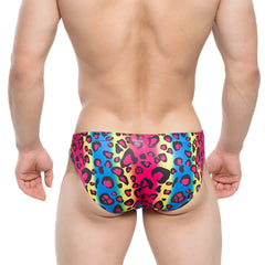 Vibrant rainbow-colored MetroMaleWear character bikini 5103-M06 swim trunks with bold pink blue yellow leopard print