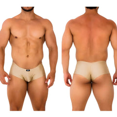 Beige form-fitting briefs with a subtle brand logo on the waistband by MetroMaleWear cheek gold 2028-21