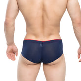 Navy blue mesh briefs with red waistband trim from MetroMaleWear cheek inmenso 2028-75 showcasing front view