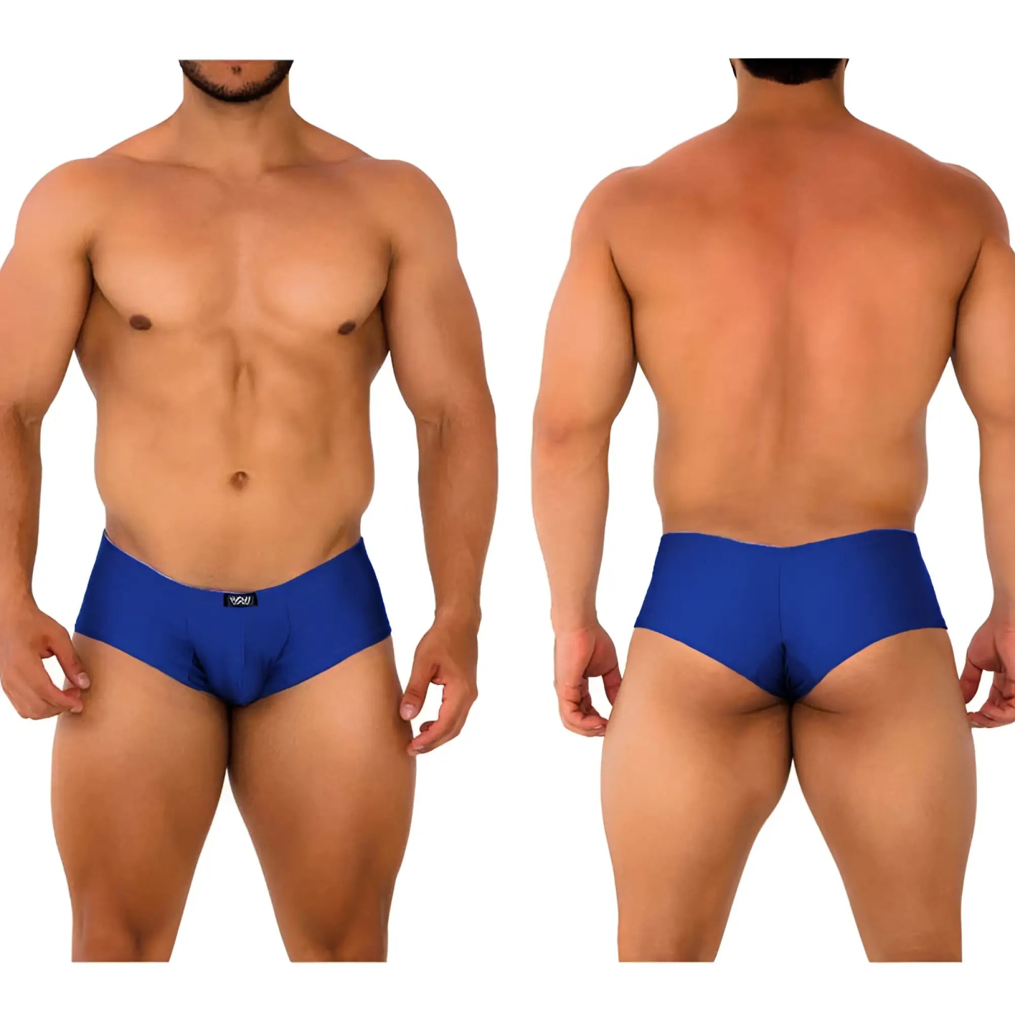 Blue men’s briefs with sleek form-fitting design and small black logo on waistband by MetroMaleWear Cheek Navy 2028-28