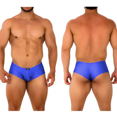MetroMaleWear Cheek royal blue briefs in shiny satin fabric with a small black logo on the waistband
