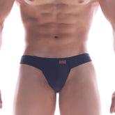 Navy blue cotton briefs with a small red brand tag on the waistband from metromalewear cheek thong 2802-28