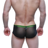 Black mesh briefs with neon green waistband and small black tag at center back metro malewear cheek tull 2028-70 back view