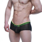 Black mesh briefs with neon green waistband and logo on side from MetroMaleWear Cheek Tull 2028-70 collection