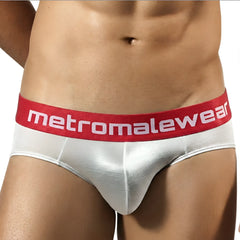 Silver metallic briefs with a red waistband featuring the metromalewear logo metro malewear chrome hip brief 5003-11