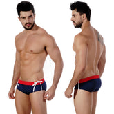 Navy blue MetroMaleWear Chrome swim brief 4910-28 with red waistband and white drawstring for swimming