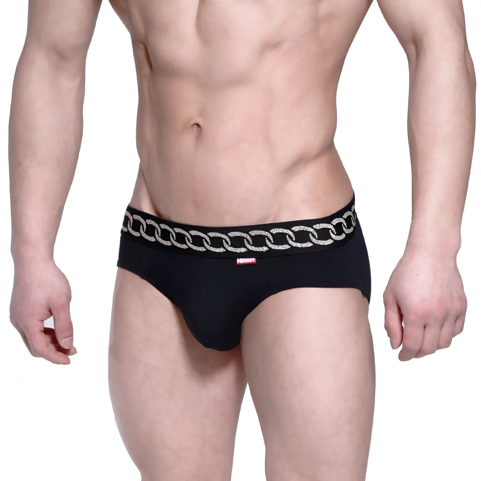 MetroMalewear classic hip brief metal black 5003-M20 black men’s briefs with silver chain pattern waistband
