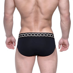 MetroMaleWear classic hip brief metal black with silver chain-link trim along the waistband in black briefs