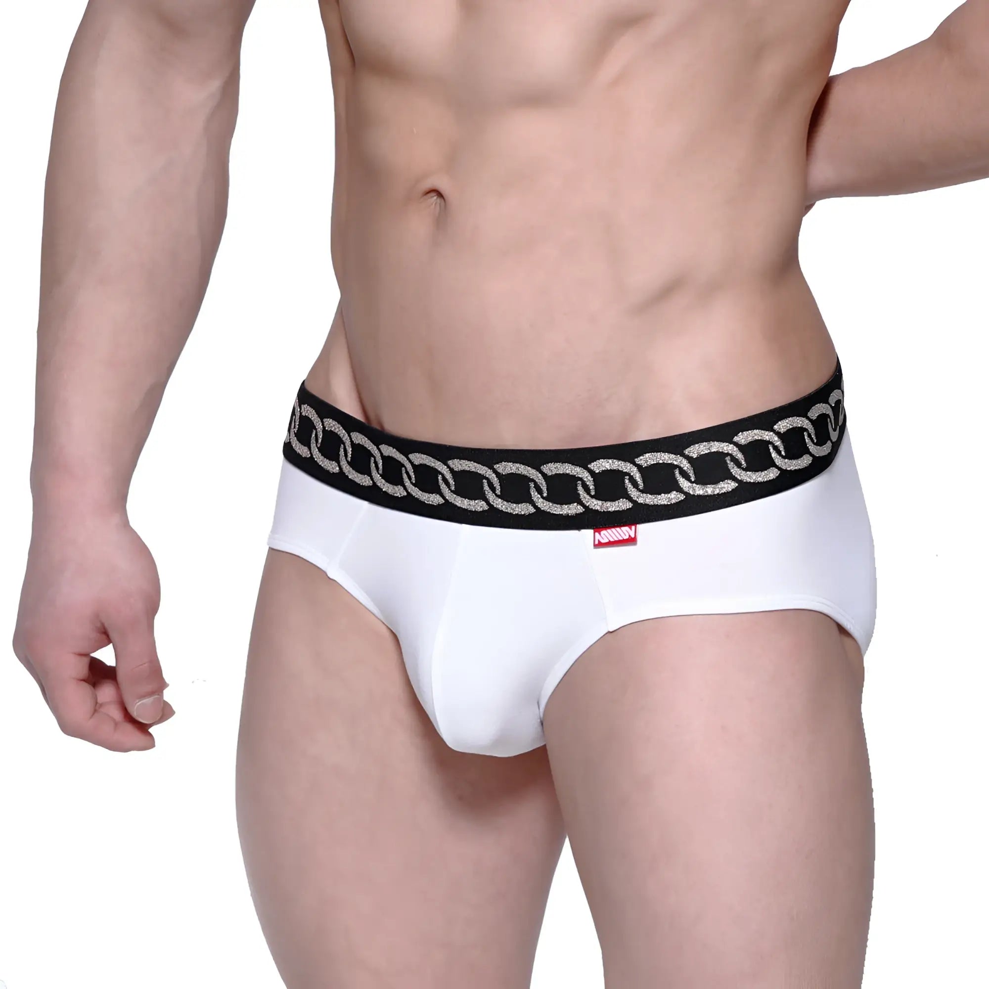 MetroMaleWear classic hip brief metal white briefs with black waistband silver chain-link and red brand tag
