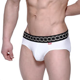 MetroMaleWear classic hip brief metal white briefs with black waistband silver chain-link and red brand tag