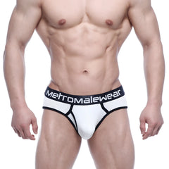 White and black metro malewear classic ribbed briefs with logo waistband made from comfortable athletic fabric