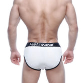 MetroMaleWear classic ribbed briefs in white with black trim and waistband featuring the metrwear logo