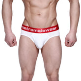 White men’s ribbed briefs with a red elastic waistband featuring metromalewear logo in white lettering