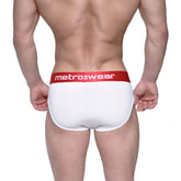 White ribbed briefs with a red waistband featuring the metro2wear logo from MetroMaleWear Classic Ribbed Brief Red 1103-02