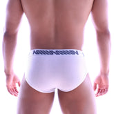 White ribbed briefs with a navy blue logo waistband by MetroMaleWear classic ribbed brief 1103-00