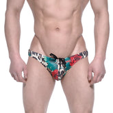 Metro malewear classic swim bikini flora 4937-53 featuring vibrant red roses teal leaves and black-and-white leopard spots