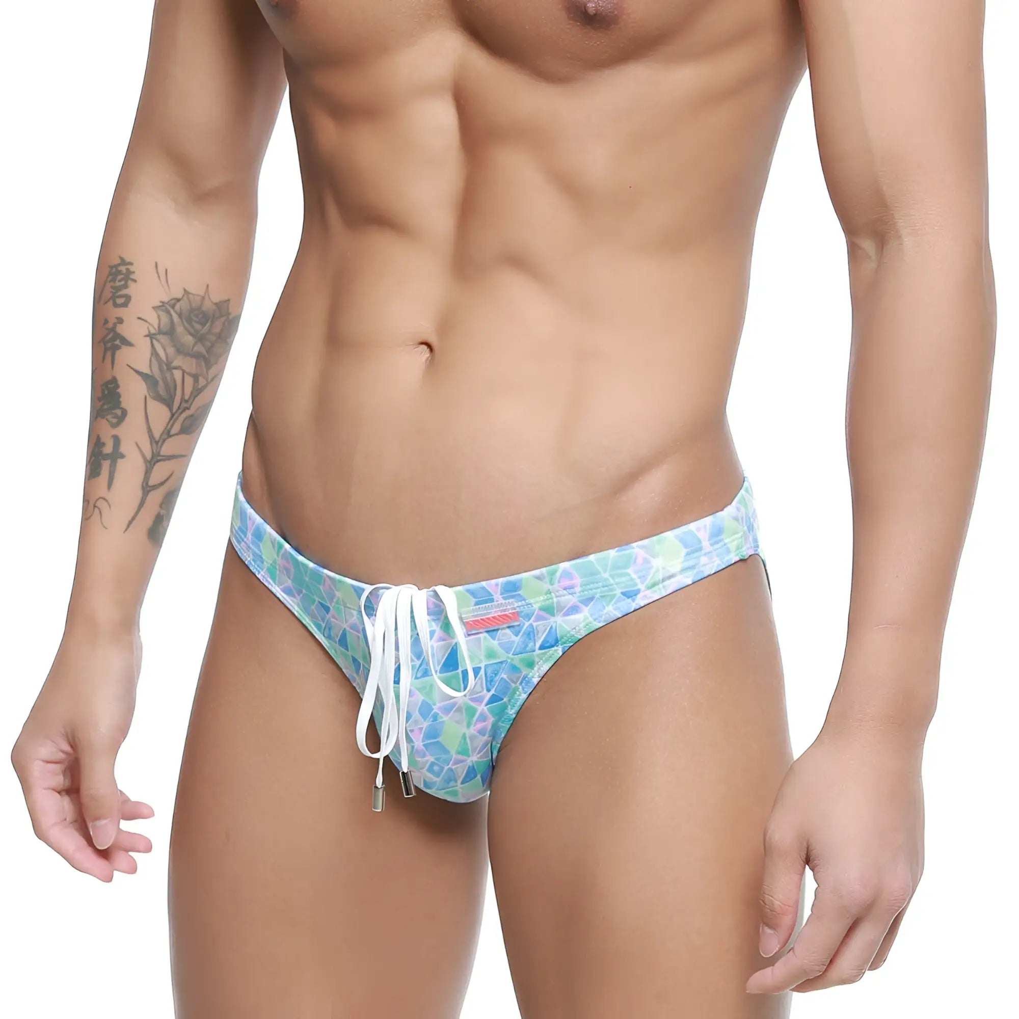 MetroMaleWear classic swim bikini glass 4937-62 blue and green geometric pattern swim trunks with white drawstring ties