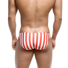 MetroMaleWear classic swim bikini in red and white vertical stripes designed for comfortable beachwear