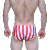MetroMaleWear classic red and white vertically striped swim bikini made of lightweight quick-dry fabric