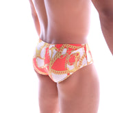 MetroMaleWear classic swim brief Lujos red in red and white with bold gold chain and anchor pattern swim trunks
