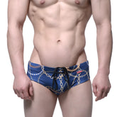Blue swim trunks with gold chain pattern and black drawstring from metromalewear classic swim brief mayor 4914-89