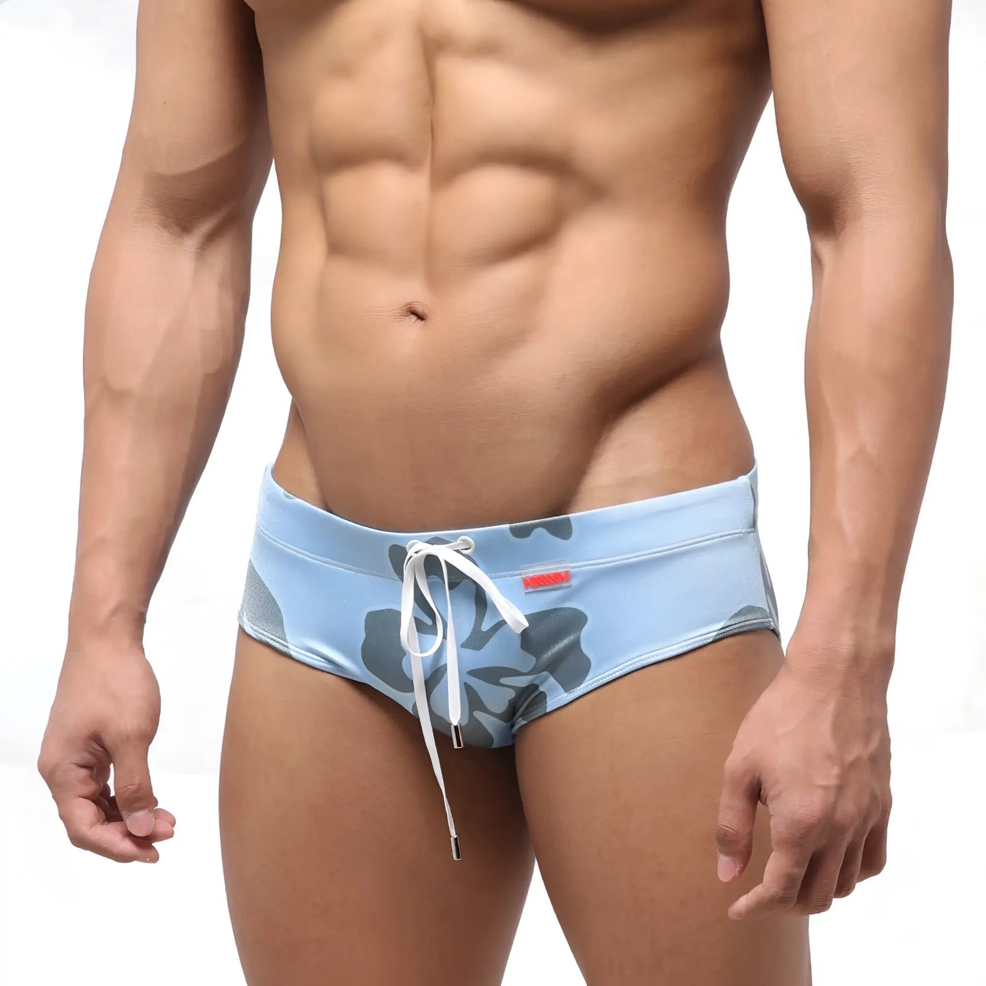 Light blue MetroMaleWear classic swim brief with gray floral pattern and white drawstring for casual swimwear use