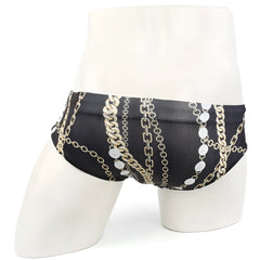 Black swim trunks by MetroMaleWear with bold gold and silver chain pattern and circular medallions for classic style