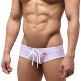 MetroMaleWear classic swim brief swirl 4914-61 pastel swirl-patterned trunks with white drawstrings and red brand tag