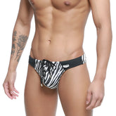 Metro male wear classic swim thong kenya 4902-30 black and white zebra-striped men’s swim trunks with black waistband