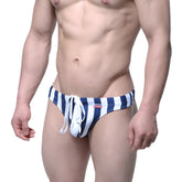 MetroMalewear classic swim thong sailor 4902-32 blue and white striped swim trunks with white drawstring front view
