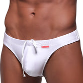MetroMaleWear classic swim thong white with drawstring waistband and small red logo on the side