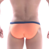 Orange swim trunks with navy blue waistband by MetroMaleWear classic waist design for comfortable swimwear use