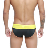 MetroMaleWear Colina bikini yellow 5144-15 swim trunks in black and yellow with a bright yellow waistband