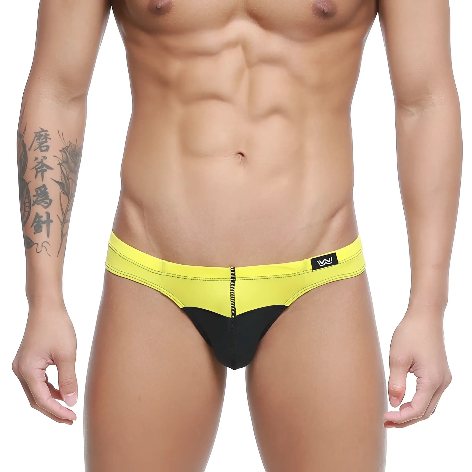 MetroMaleWear Colina bikini yellow swim trunks with bright yellow and black colors featuring a front zipper detail