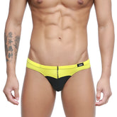 MetroMaleWear Colina bikini yellow swim trunks with bright yellow and black colors featuring a front zipper detail