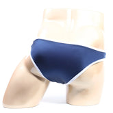 Navy blue satin briefs with white trim metroMalewear colonel bikini 2019-28 front view showing sleek design