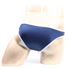 Navy blue satin briefs with white trim metroMalewear colonel bikini 2019-28 front view showing sleek design