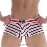 MetroMaleWear Como Stripe short boxer 7 inch men’s underwear with red white blue stripes and v-shaped front design