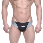 Black and silver athletic briefs with sleek modern design and amin logo front by MetroMaleWear Competidor Bikini 4965-20