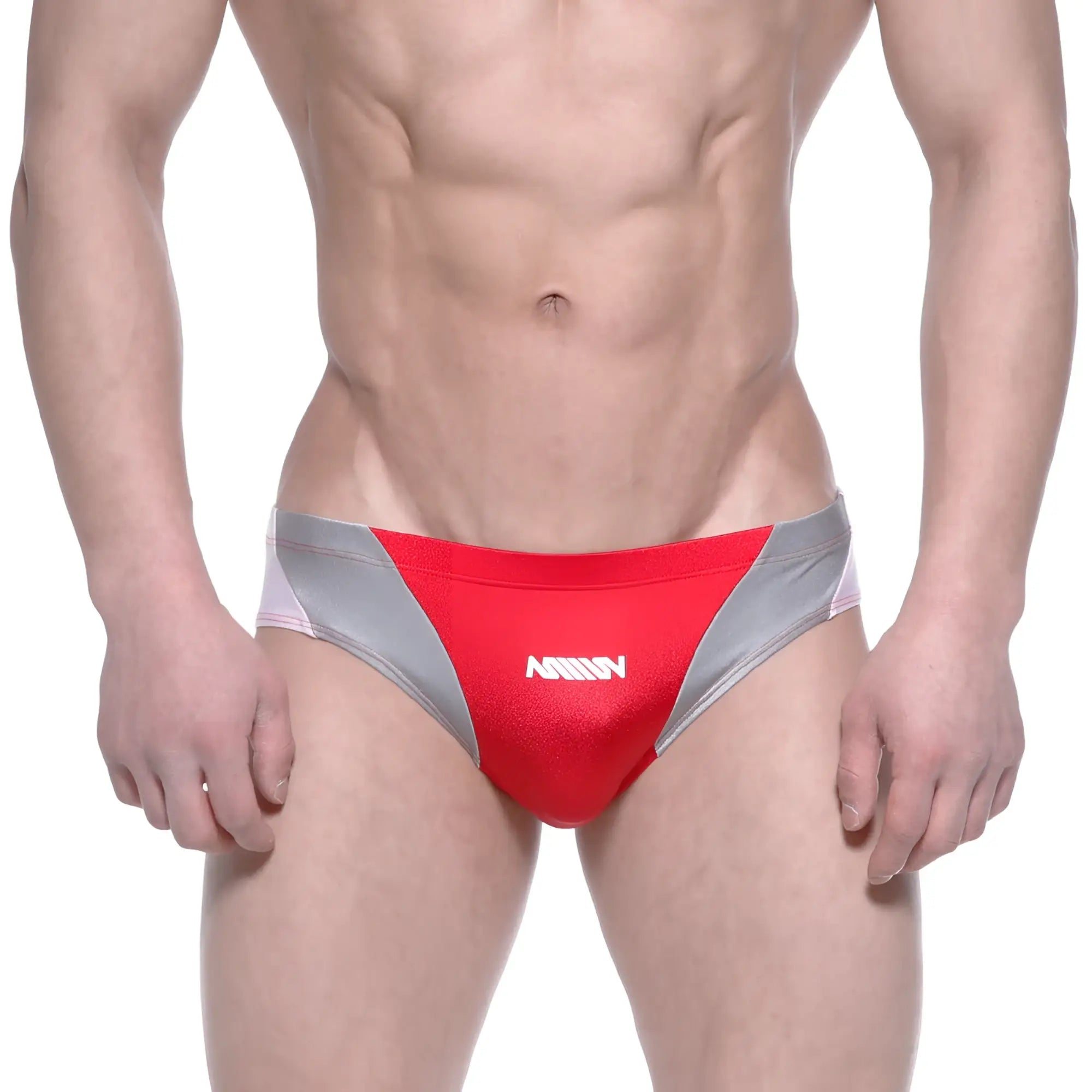 Metro malewear competidor bikini red 4965-12 men’s red and silver swim trunks with white logo on front